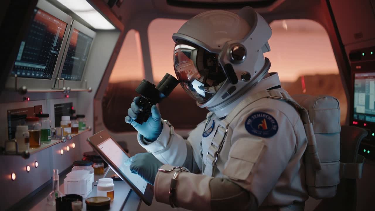 Dopo un avviso dal tablet, un astronauta in tuta spaziale esamina campioni nella cabina usando un microscopio e registra i dati.