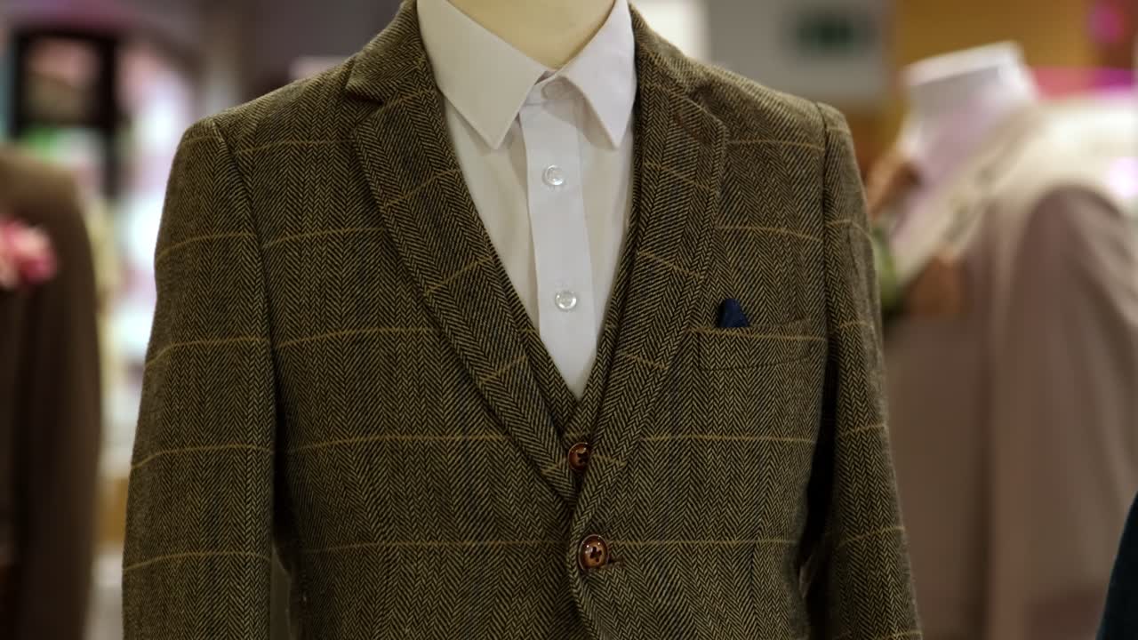 Green checkered tweed wedding suit for men presented on mannequin at wedding fair market event.