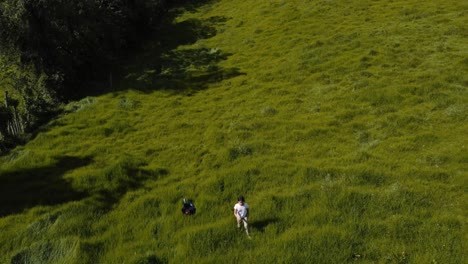 Drone-view-of-children-playing-and-running-in-tall-grass-at-sunset