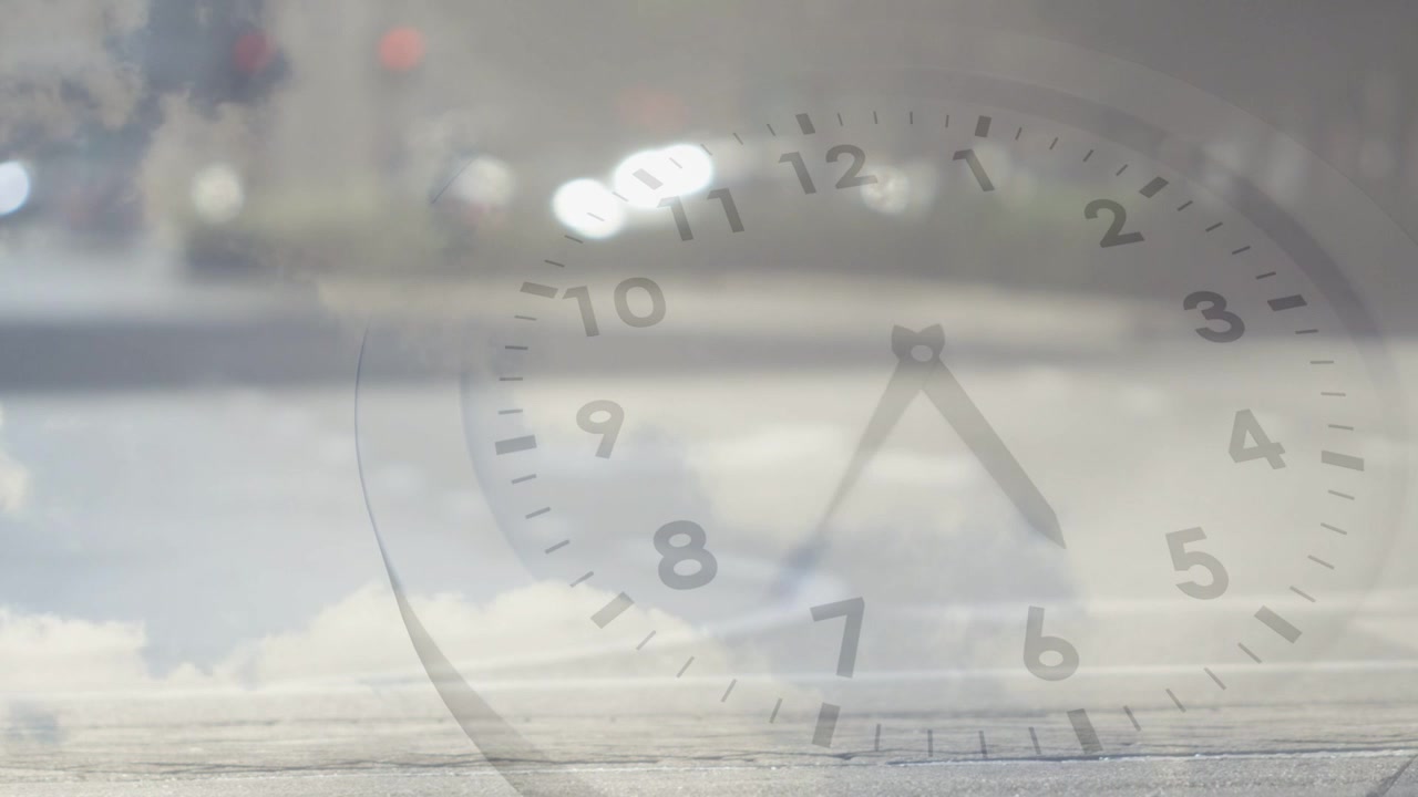 Translucent clock overlay appearing on sea horizon, hands advancing clockwise showing time passage