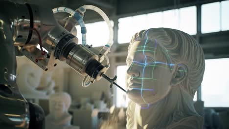 A robotic arm precisely carves a stone sculpture of a classical figure within a well-lit workshop. Sunlight streams through large windows, illuminating the intricate details of the artwork.