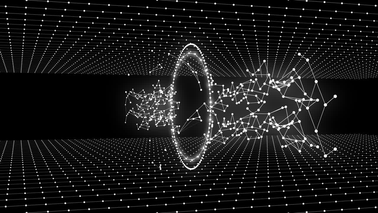 Abstract ring shape with plexus network rotates between flats on the top and bottom of the background.