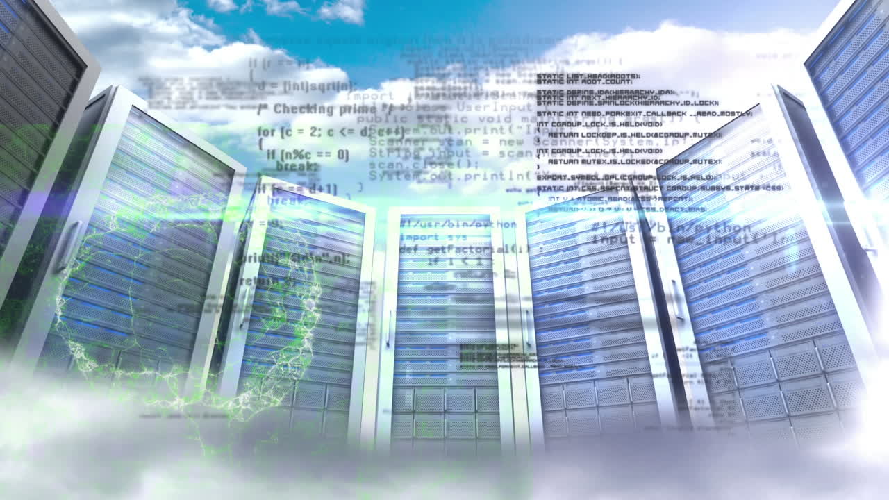 Animation of globe, data processing and servers over clouds