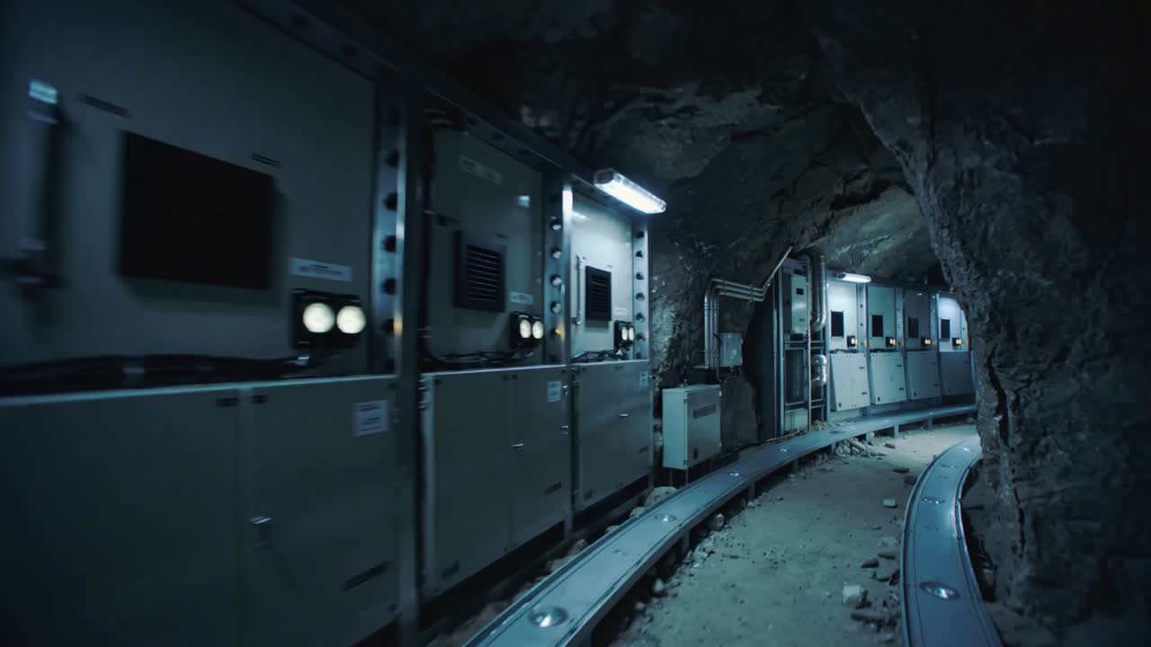 Moving camera traversing mine service tunnel, surveying power panels, conduit, guide rail, debris