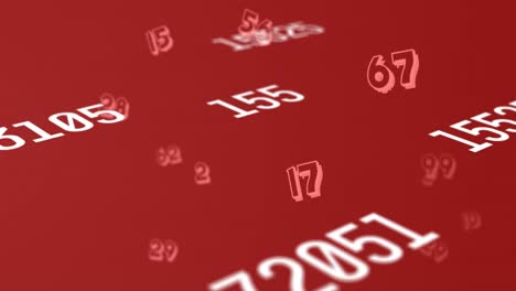 digital animation of multiple changing numbers floating and moving against red background