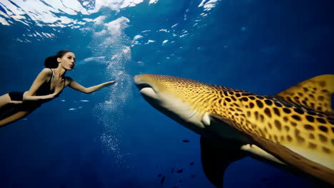 woman and spotted shark underwater