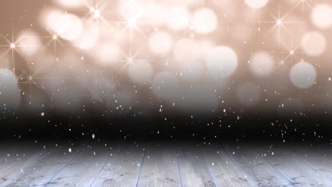 animación de nieve cayendo sobre puntos de luz con espacio de copia y tablas de madera
