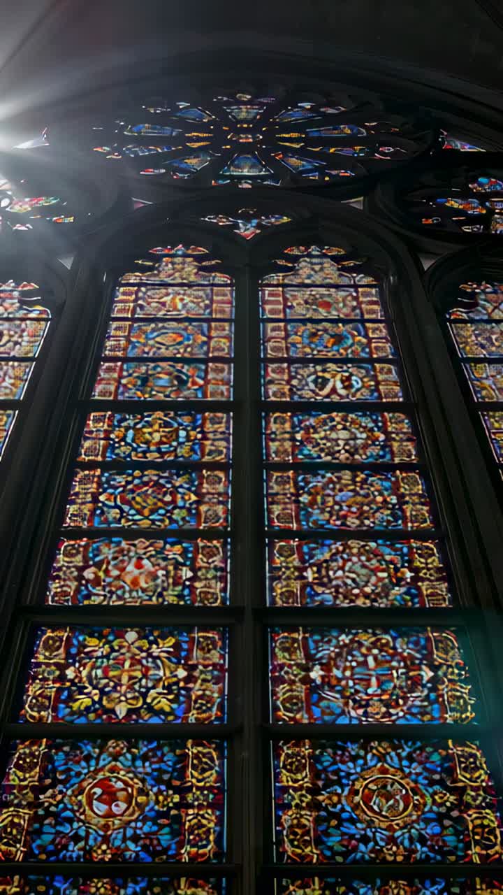 Vertical video: Tilting cam filming lancets and rose in church, sun making green flare, to show li