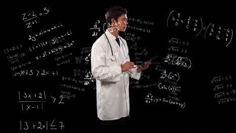 Animation-Mathematischer-Gleichungen-über-Einem-Männlichen-Arzt,-Der-Ein-Tablet-Verwendet