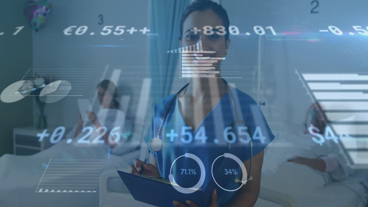 animación de procesamiento de datos y estadísticas sobre una doctora con clipboard