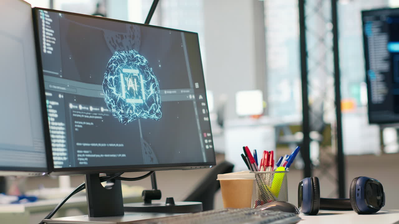 Empty Startup Office With Neural Networks Program Running On Pc