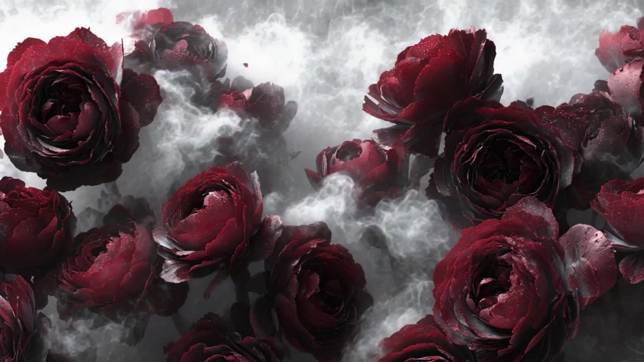 Une magnifique présentation de roses rouge foncé au milieu de volutes de fumée éthérée, capturant la beauté de l'élégance naturelle dans une composition fascinante