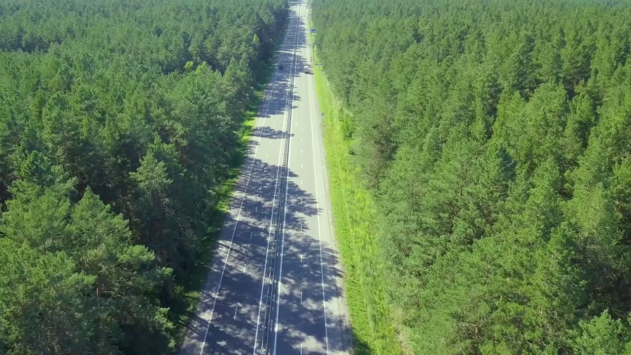 자동차 와 트럭 을 지나가는 도로 에 있는 울창 한 숲 에 있는 고속도로 위 를 비행 하는 항공기