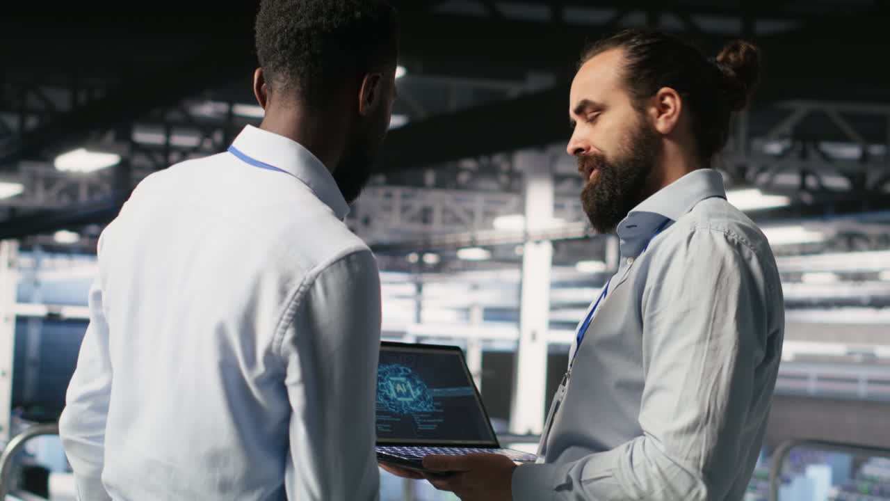Server farm coworkers doing infrastructure AI machine learning automatization