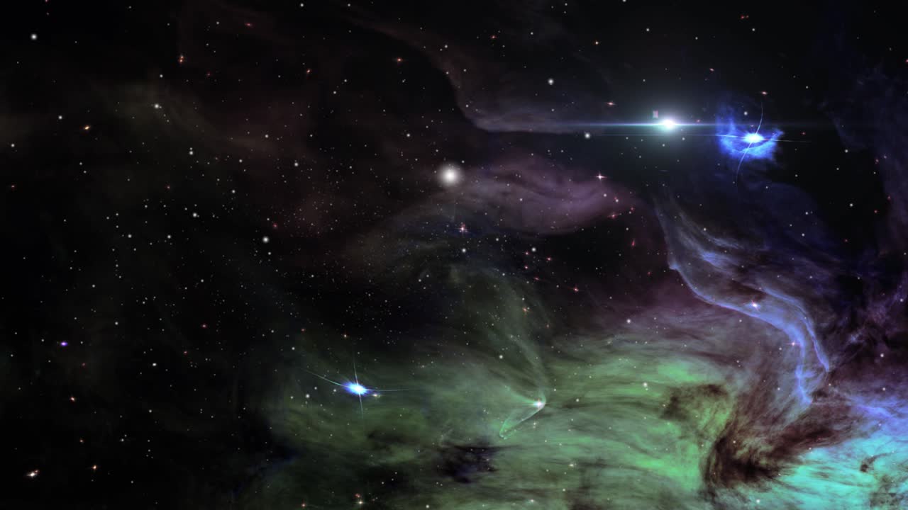 Green and purple nebula clouds studded with stars in the cosmos, space