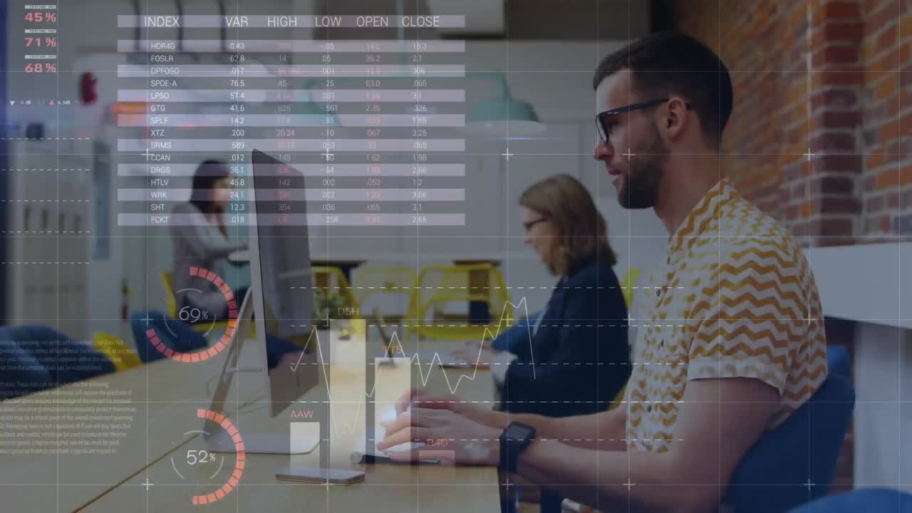 animación del procesamiento de datos financieros sobre una mujer de negocios usando auriculares vr