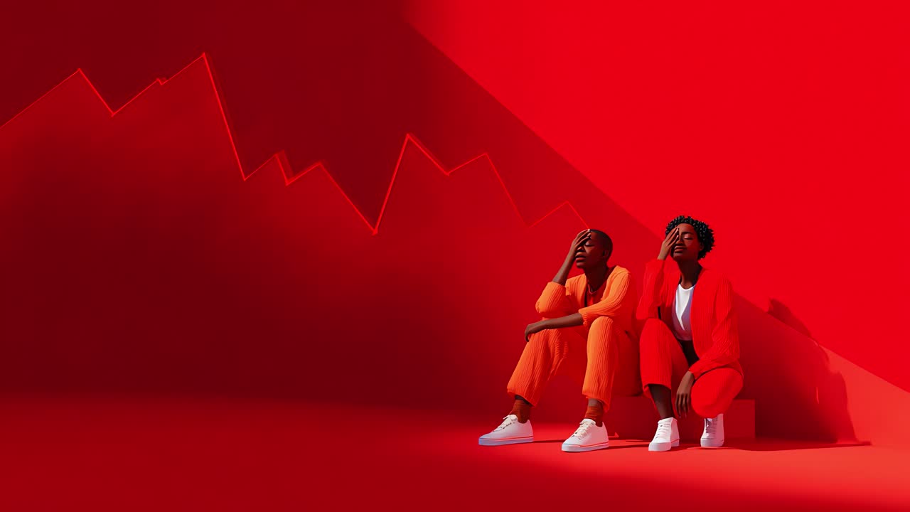 A Dramatic Depiction of Emotional Distress in a Bold Red Environment: Two Figures Expressing Feelings of Anxiety Amidst Abstract Graph Patterns and Vibrant Colors