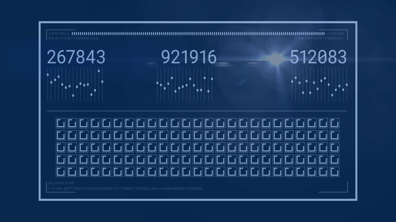 Animation of digital data processing with numbers and binary code on blue background