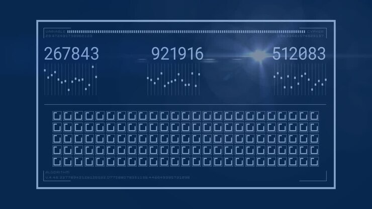 Animation of digital data processing with numbers and binary code on blue background