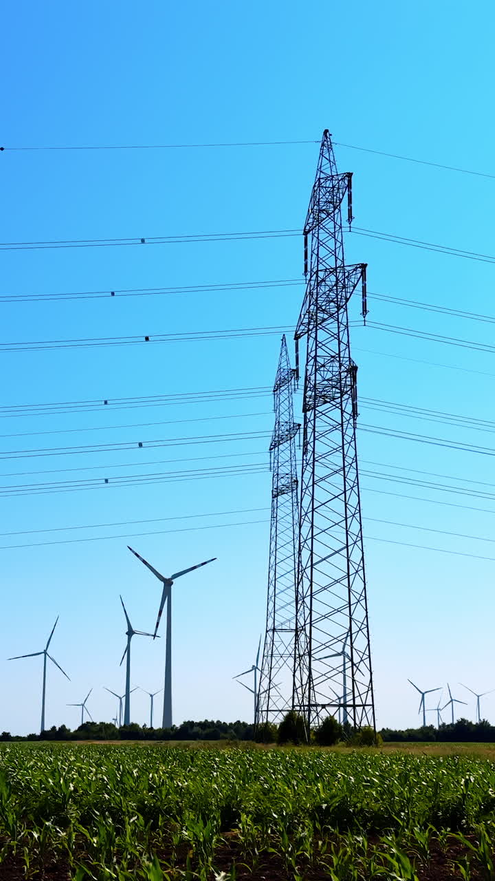 Wind turbines and power lines. Wind turbines rotate in the field while power lines rise against a bright blue sky on a sunny day