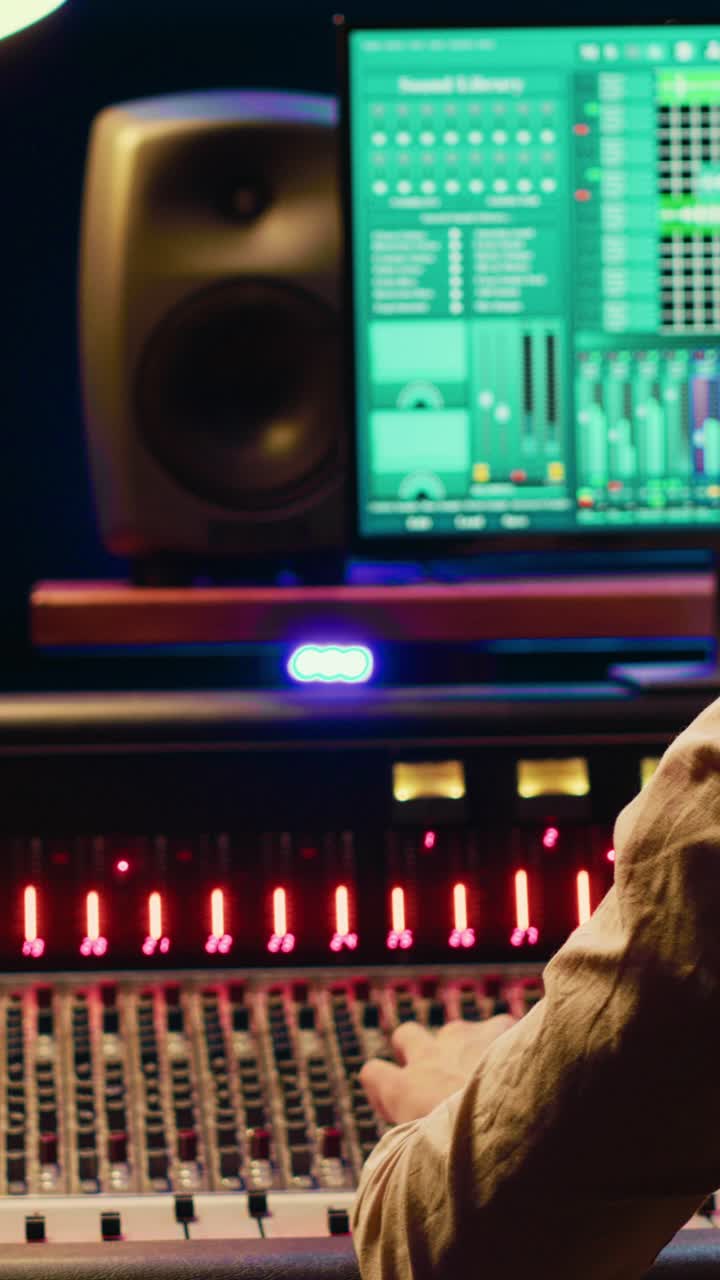 Audio Engineer Working on Mixing Console in Recording Studio