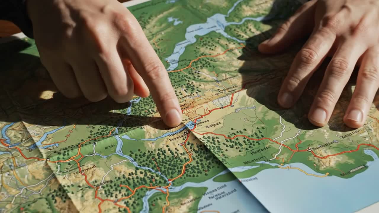 Hender som planlegger reiserute på topografisk kart