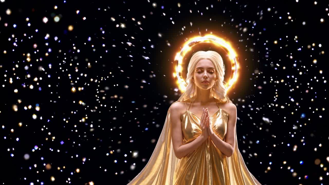 Woman with closed eyes and hands in prayer, dressed in a golden gown and white cape, radiates spirituality and serenity amidst a golden halo and glowing particles