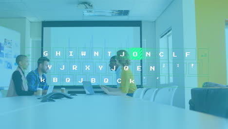 people working on laptops in conference room with data processing animation overlay