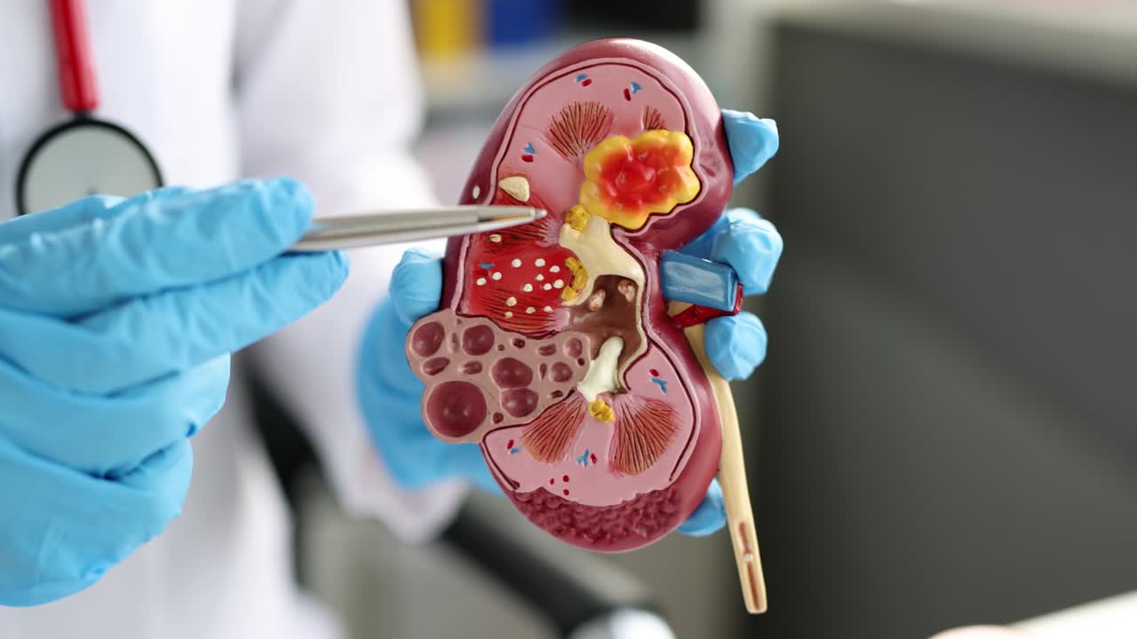 Doctor urologist and nephrologist holds kidney model