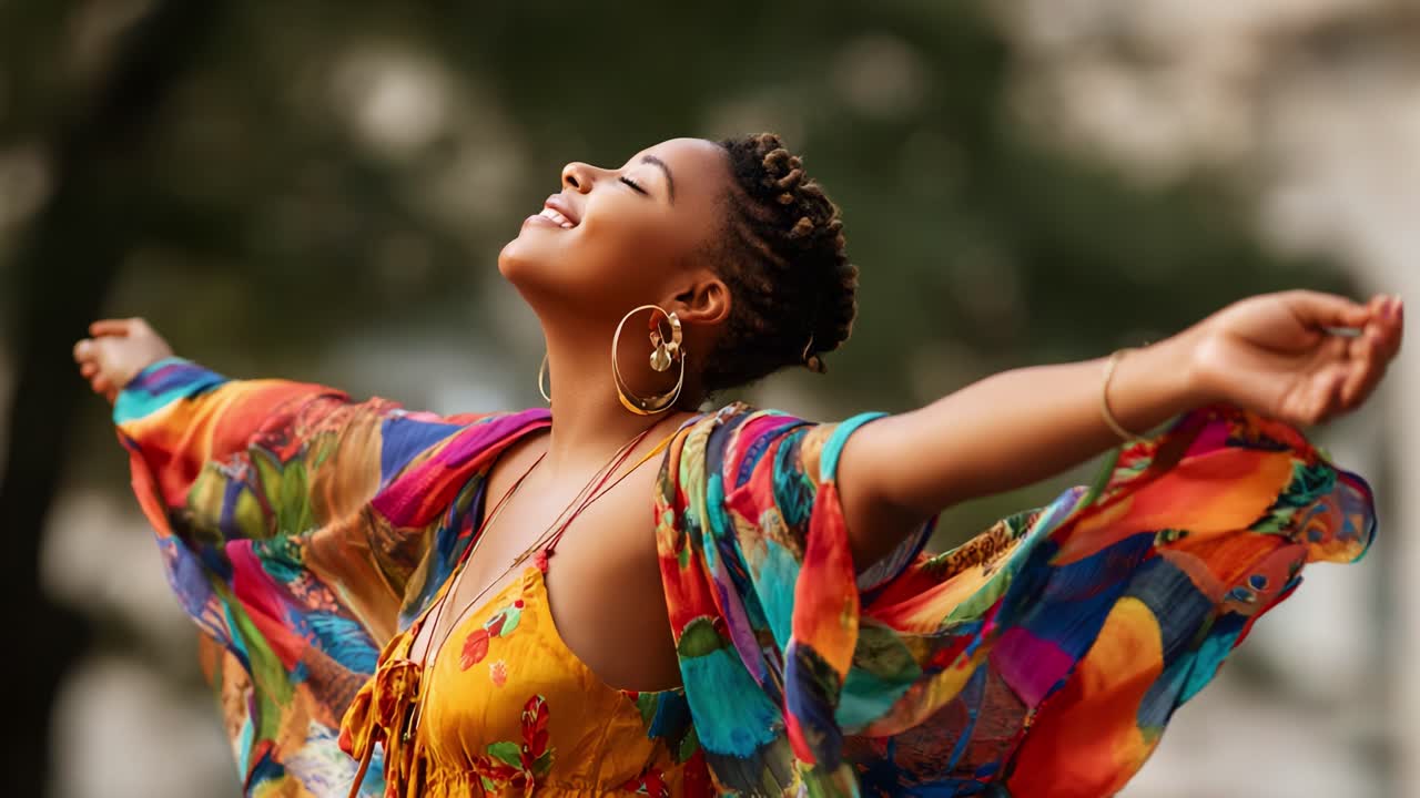 A joyful celebration of freedom and self-expression captured in vibrant colors, showcasing a woman embracing her individuality with open arms and a radiant smile in a serene outdoor setting