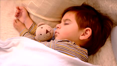 close portrait of 3 years old boy sleeping with teddy bear
