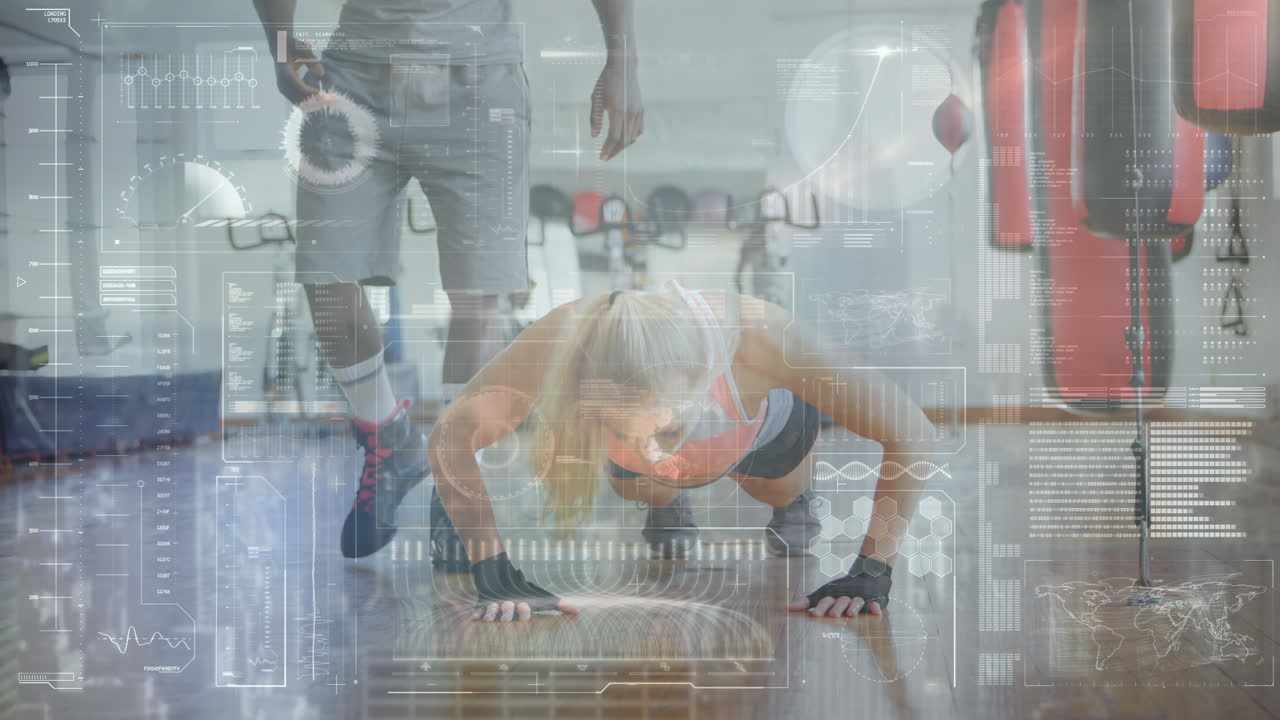 체육관에서 아프리카계 미국인 코치와 함께 백인 여성 권투 선수에 대한 데이터 처리 애니메이션