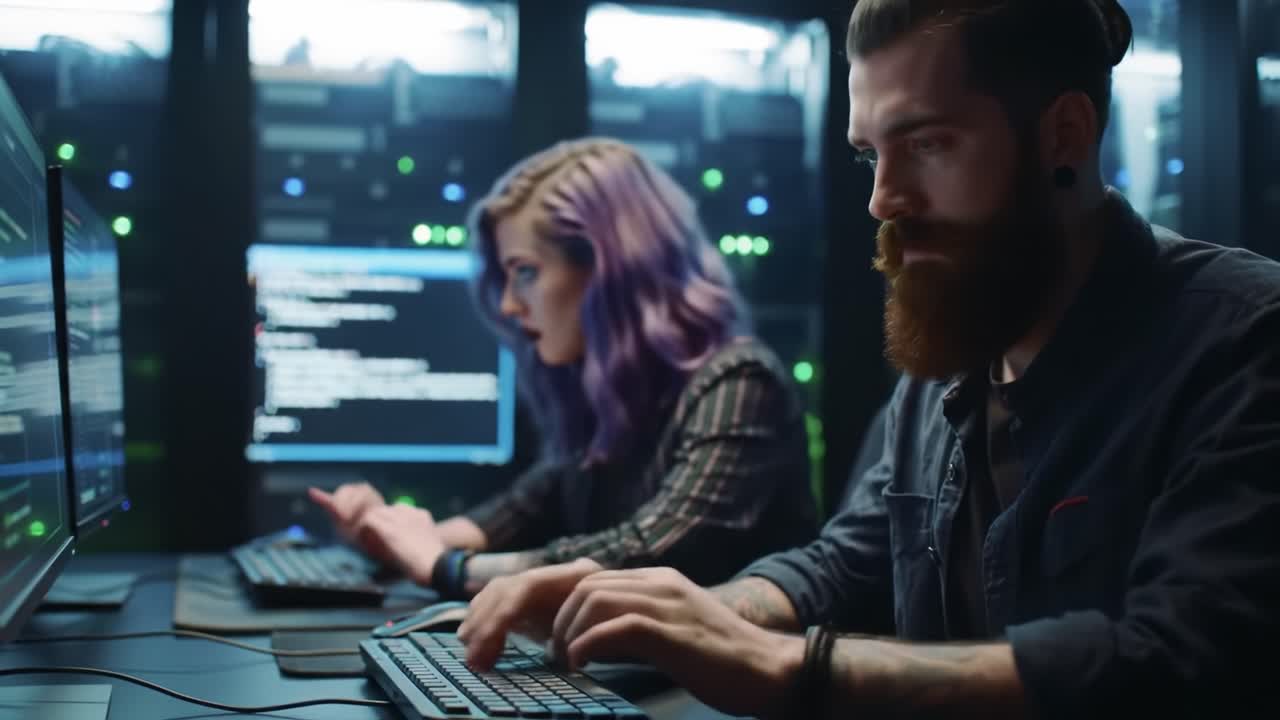 Focused Programmers Coding in a High-Tech Environment Surrounded by Multiple Monitors and Advanced Computer Equipment, Showcasing the World of Cybersecurity and Technology Innovation