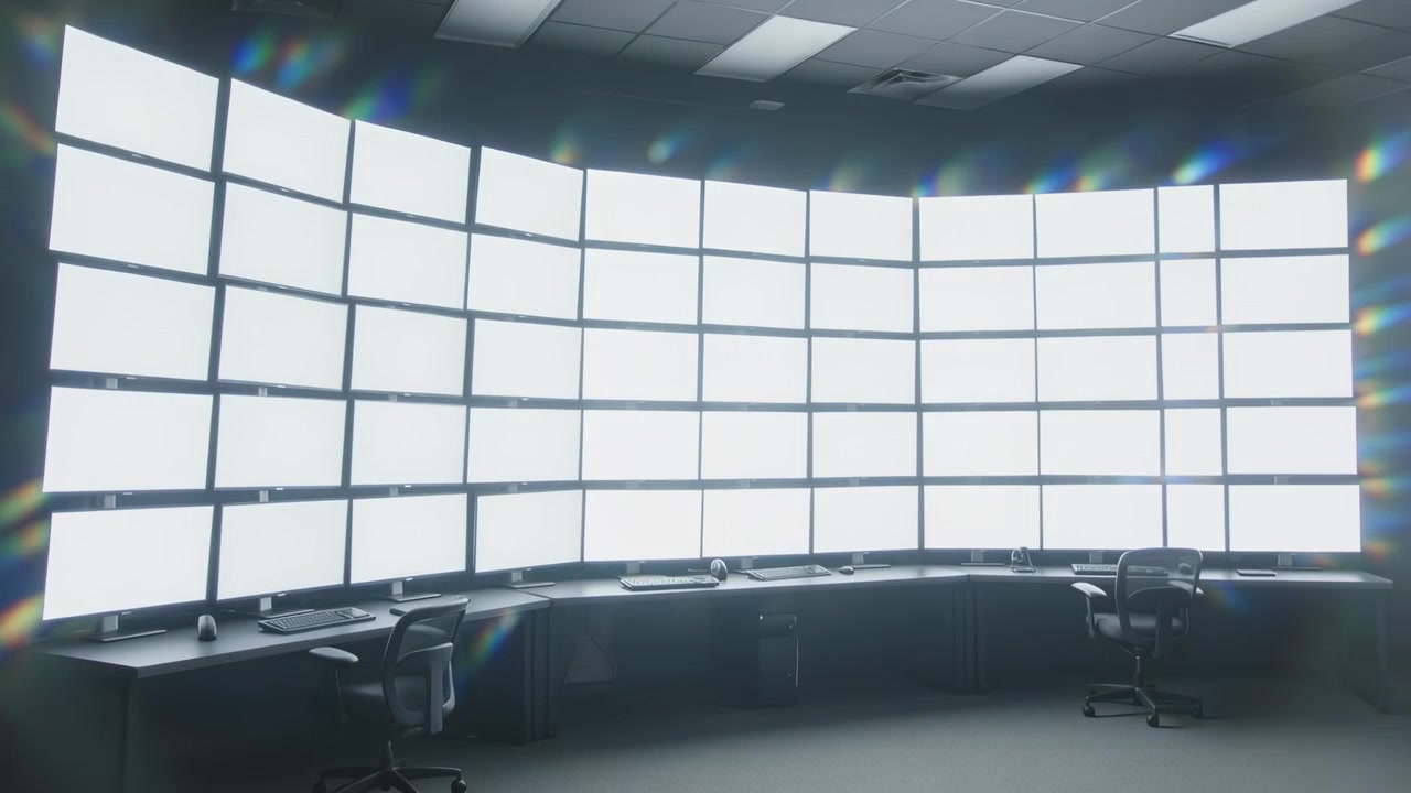 Switching center panels to white curved monitor wall expanding light across ops room dimming chairs
