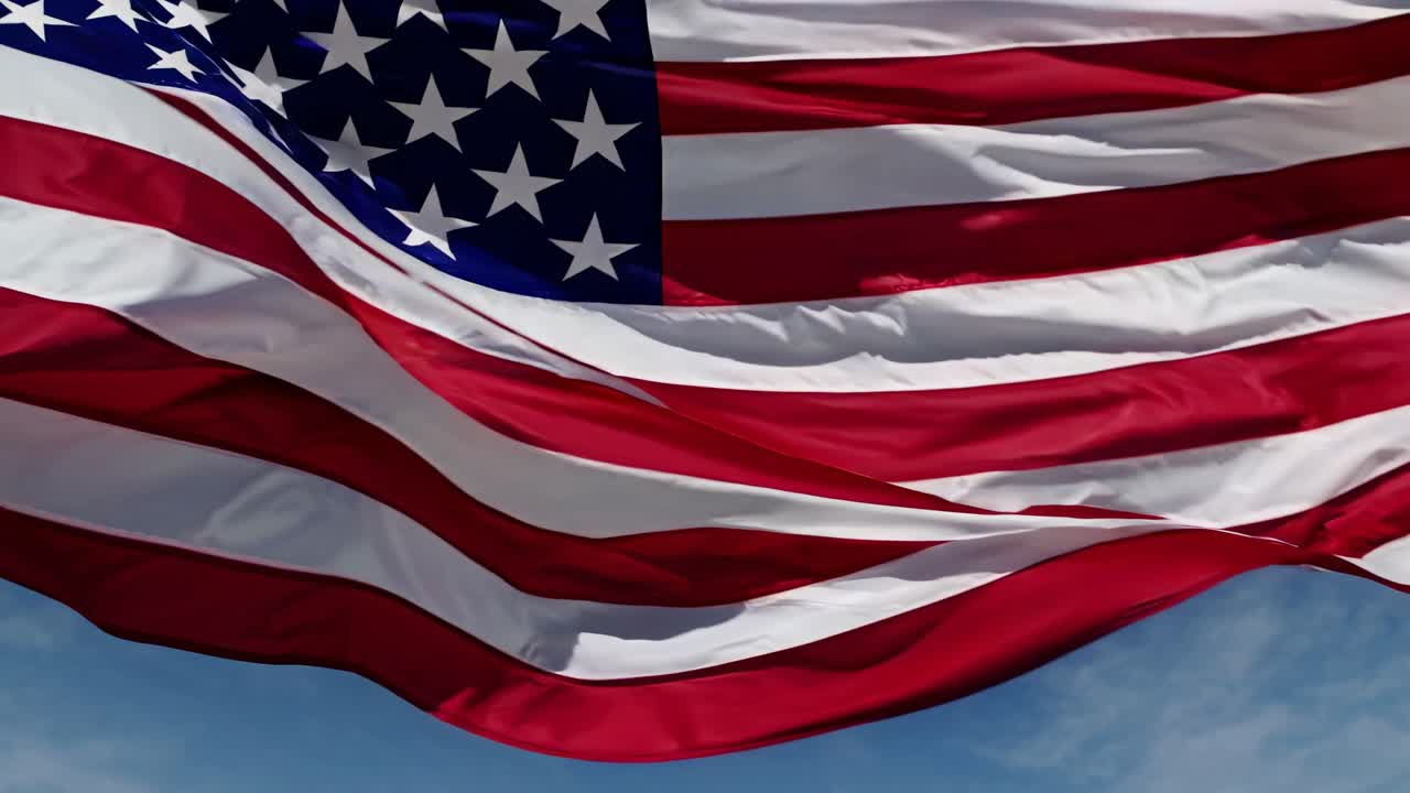 Video of an American flag waving against a clear blue sky, capturing a sense of patriotism