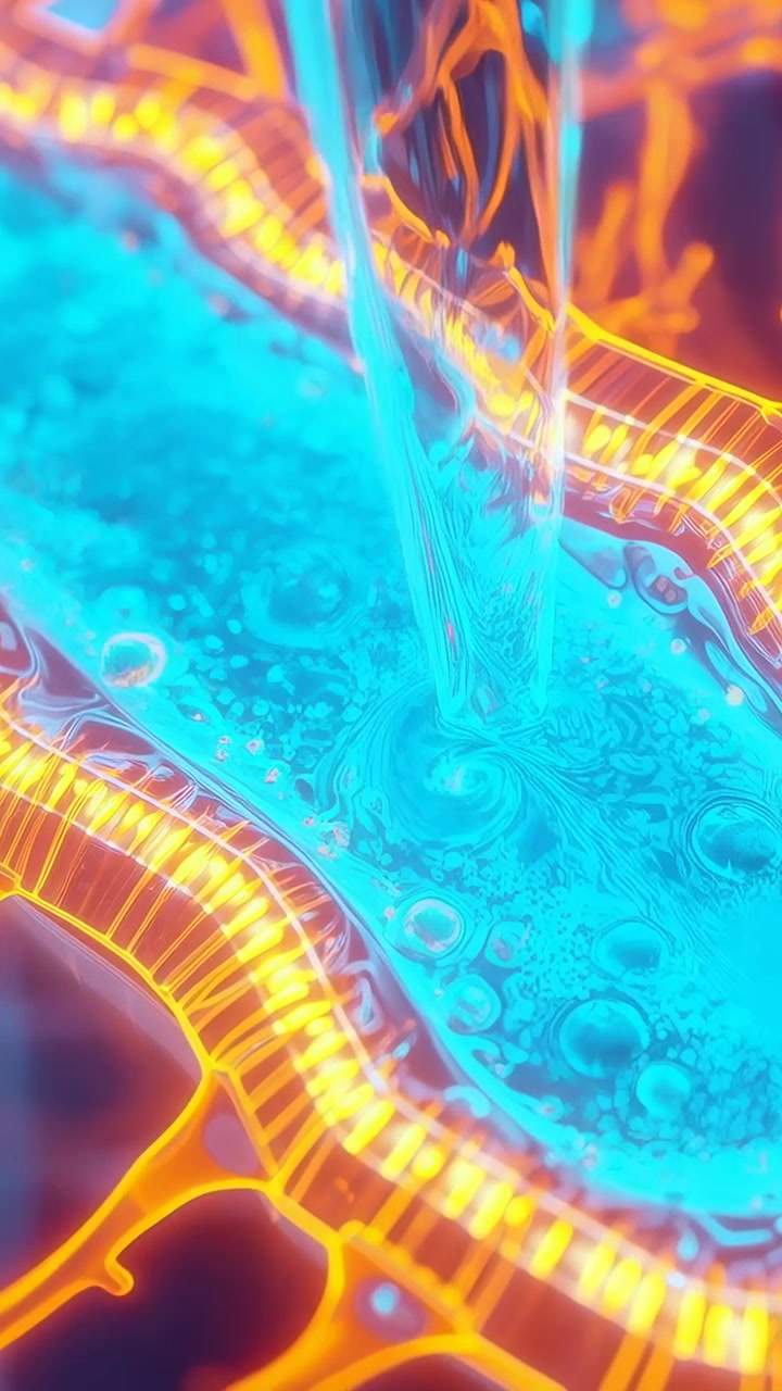 Vertikal video: Hellende dyse mater et cyanblått basseng som danner en virvel på en mikrochip, kanten reflekterer