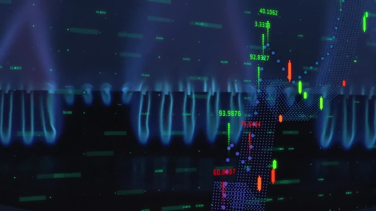 Animation of changing financial data and graphs over gas flames