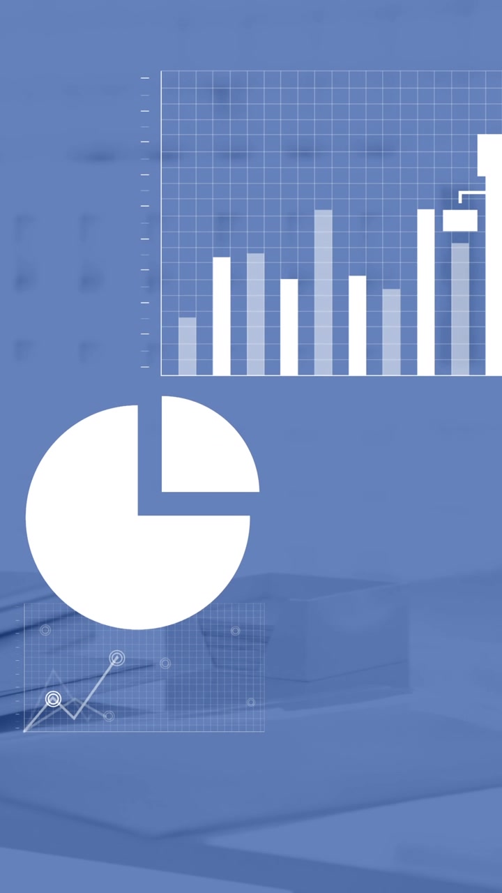Animation af flere digitale ikoner og statistisk databehandling mod et kontorbord