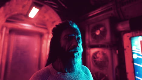 a man with a long beard and hair, standing in a dark, futuristic tunnel with glowing neon lights.