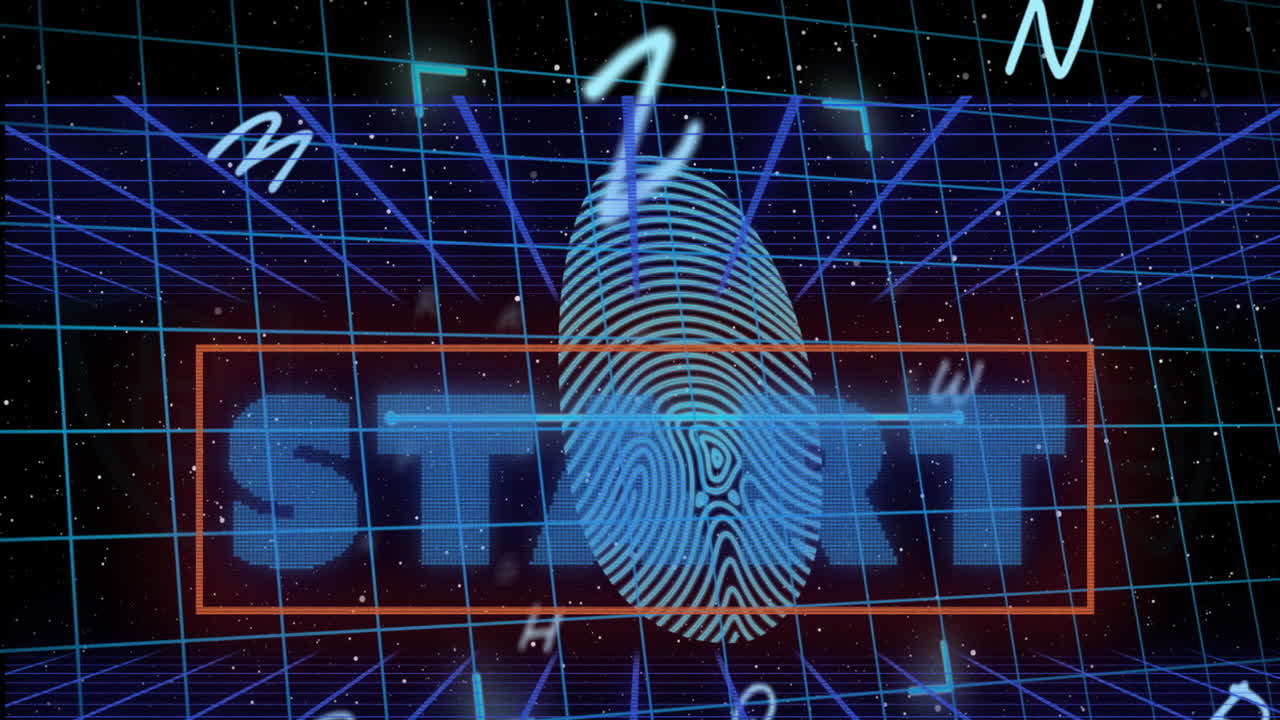 animación del texto de inicio sobre huellas dactilares y letras sobre fondo negro