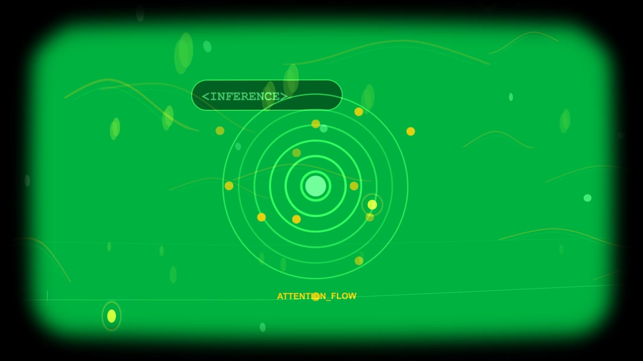 Data pulse starting ring target, nodes orbiting, clustering, showing attention flow on transparent