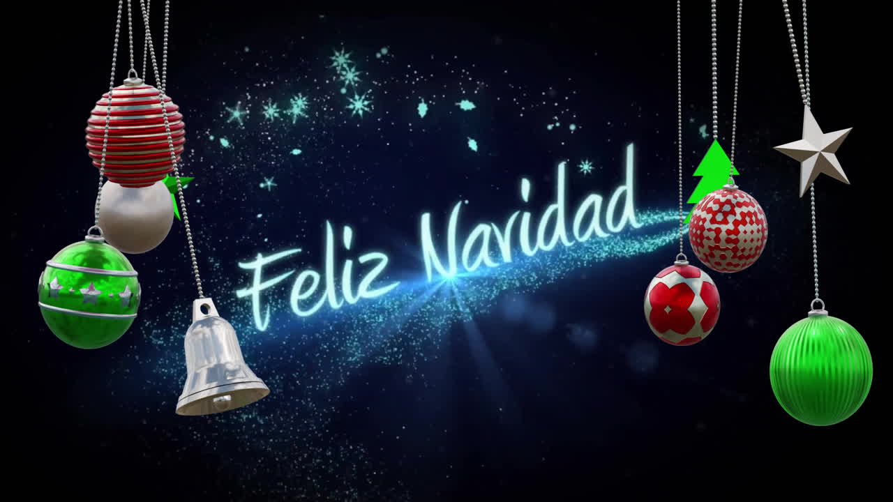 Animation of feliz navidad text over christmas baubles decorations