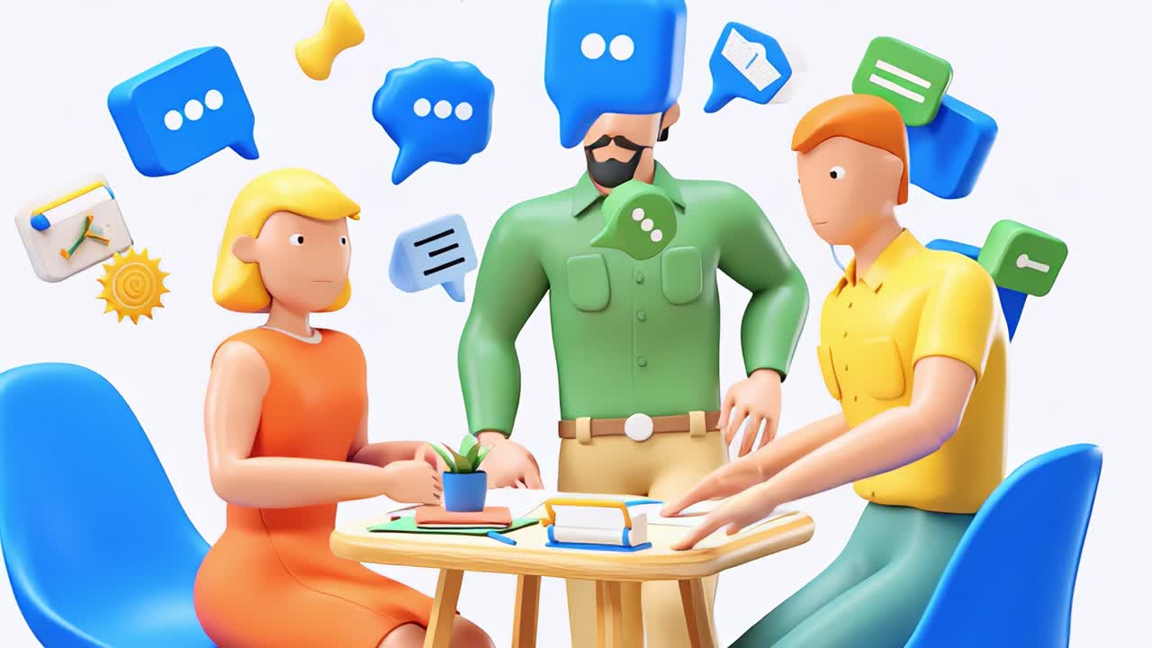 Engaging Conversation Among Three Individuals at a Table Surrounded by Colorful Speech Bubbles Symbolizing Communication and Interaction in a Modern Social Setting