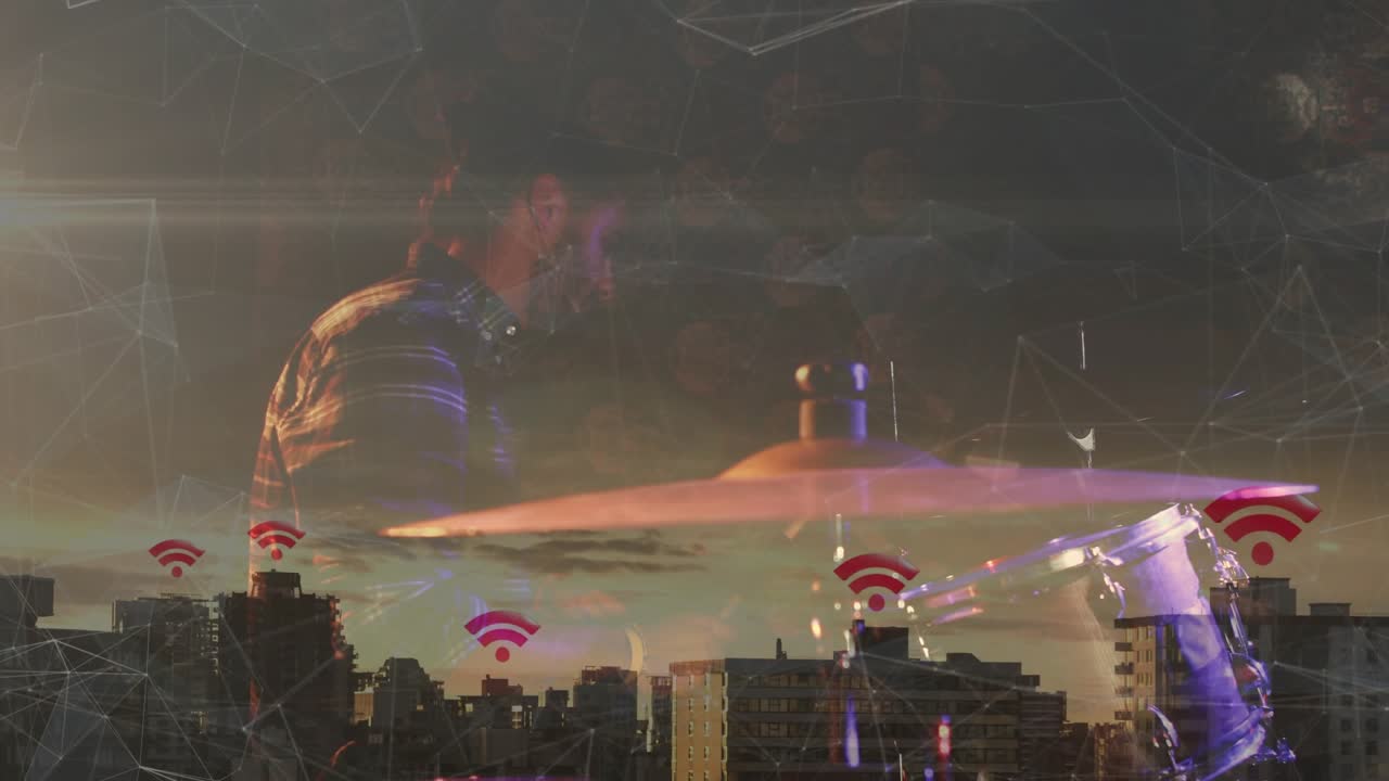 Music drummer striking cymbal sparking skyline with wifi icons while singer joining showing network