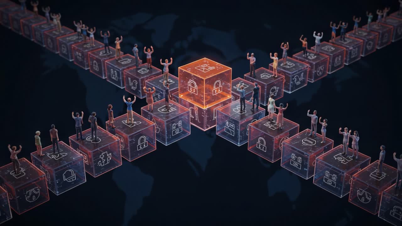 Innovative Digital Ecosystem: Illustrating Connectivity and Interaction Among Diverse Figures on Transparent Blocks in a Futuristic World