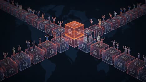 innovative digital ecosystem: illustrating connectivity and interaction among diverse figures on transparent blocks in a futuristic world