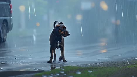 dog walking in the rain