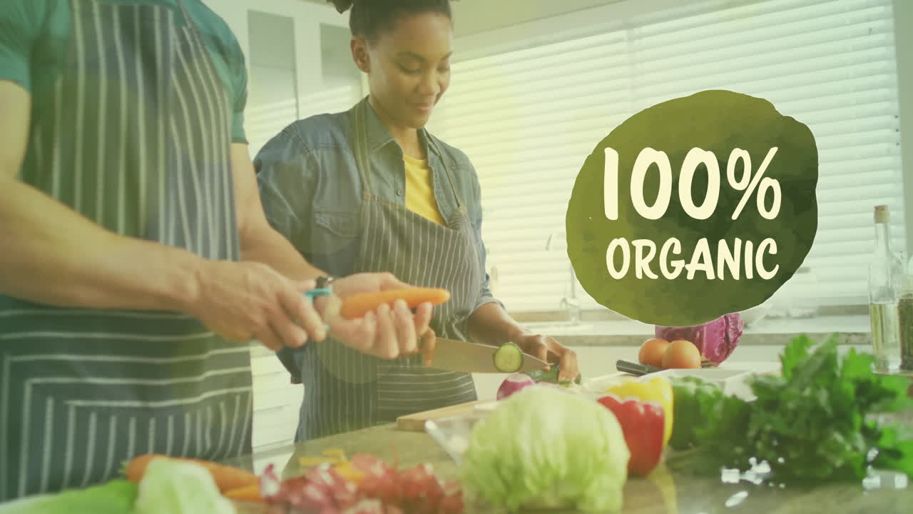 Animation of 100 percent organic text over diverse couple preparing healthy meal in kitchen