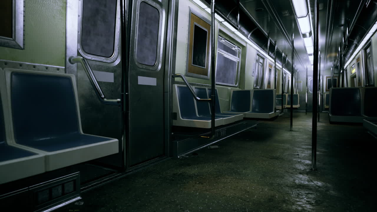 Abandoned subway train interior during late night in urban setting