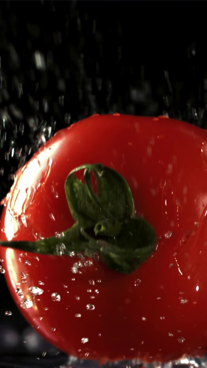 Movimento rallentato di un pomodoro rosso fresco che schizza nell'acqua